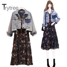 Trytree 2020 Spring Autumn Two piece set Casual Turn-down Collar Cowboy Coat Top + Dress A-line Print Belt Set 2 Piece Set 2024 - buy cheap