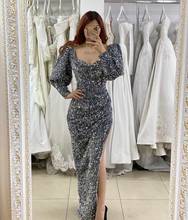 Vintage Long Sleeve V-Neck Mermaid Sequin Evening Dresses with Slit Floor Length Zipper Back Grey Formal Party Dress for Women 2024 - buy cheap