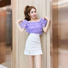 2022 Summer New Two Piece Set Korean Ladies Sexy Off Shoulder Slim Tops Women Puff Sleeve Blouse+High Waist Mini Skirt Suits 2024 - buy cheap