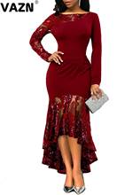 VAZN New chic 2020 spring sexy lady wine red long trumpet dress full sleeve asymmetrical slivers dress lady tango style dress 2024 - buy cheap