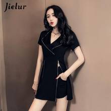 Jielur-vestido elegante de dos piezas para mujer, conjunto coreano de verano 2021, cuello sólido, cremallera, Vintage, negro 2024 - compra barato