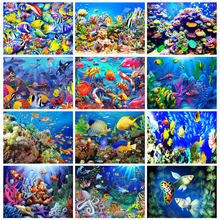 Huacan 5d pintura diamante broca cheia quadrado peixe artesanal presente oceano animal mosaico bordado ponto cruz adesivos de parede 2024 - compre barato