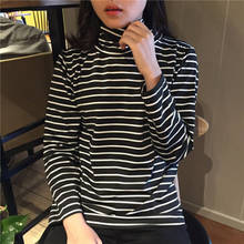 Camisetas informales para mujer, blusas coreanas de cuello alto a rayas Harajuku, camisetas de manga larga para mujer 2020 2024 - compra barato