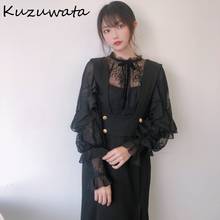 Kuzuwata 2022 New High Waist Strap Dress Sexy Lace Lantern Long Sleeve Patchwork Women Dresses Spring Autumn Slim Fit Vestidos 2024 - buy cheap