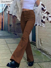 Calça jeans feminina cintura alta, peça calça feminina marrom 2024 - compre barato