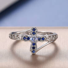 Anéis vazados com design de cruz, anéis delicados brilhantes branco & azul de zircônia cúbica pedra para mulheres jóias de festa moda presente 2024 - compre barato