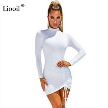 Liooil Sexy Ruched Bodycon Mini Dress Women Clothes Fall 2021 Long Sleeve O Neck Lace Up Draped Tight Dresses Woman Party Night 2024 - buy cheap