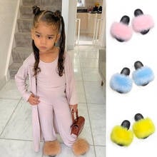 Kids Fur Slippers Fluffy Flip Flops Girls Summer Faux Fox Sandals Children Cute Plush Raccoon Fur Slides Furry Home Flat Shoes 2024 - buy cheap