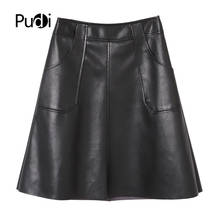 PUDI Women Genuine Leather Skirt Famele Girl Real Sheep Skin Leather A-line Black Color Skirts ST020 2024 - buy cheap