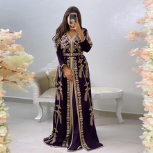 Stunning Applique Lace Purple Dubai Arabic Evening Dresses Beaded Long Sleeves Moroccan Kaftan Evening Gown Muslim Prom Dresses 2024 - buy cheap