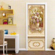 Pegatina de puerta de hermosas flores doradas 3D para sala de estar, papel tapiz autoadhesivo de PVC DIY, calcomanías murales impermeables, póster 2024 - compra barato
