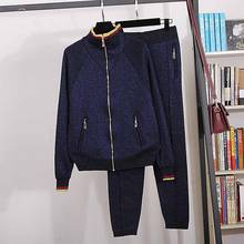 Navy Sports Knitted Tracksuit Set Bright silk Zipper Cardigan Sweater Pencil Pants Two Piece Outfits Female Loose Knitting Suit 2024 - buy cheap