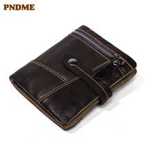 PNDME-cartera vintage de cuero genuino para hombre y mujer, billetera informal simple de cuero de vaca, tarjetero con broche 2024 - compra barato