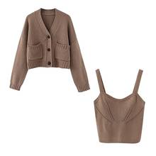 Cárdigan liso para mujer, suéter de punto, conjunto informal de dos piezas, moda urbana, tops sexys, novedad de otoño 2024 - compra barato