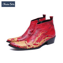 Christia Bella Fashion Dragon Embroidery Men Party Dress Boots Red Increase Height Pointed Toe Real Leather Cowboy Ankle Boots 2024 - buy cheap