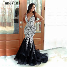JaneVin 2020 Sexy Black Mermaid Long Prom Dresses Sexy Deep V Neck White Lace Appliques Beaded Backless Tulle Women Party Dress 2024 - buy cheap