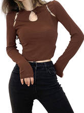2021 Women Long Sleeve Slim Crop Tops Round Neck Button Hollow Out Tshirts Casual Summer Spring Brown Tops Tees 2024 - buy cheap