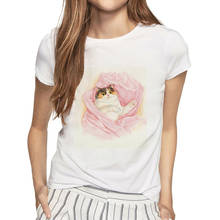 Camiseta con estampado de gato en 3D para mujer, ropa informal de verano de manga corta con cuello redondo, barata, China 2024 - compra barato