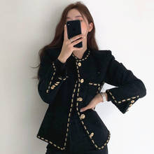 Sannian jaqueta feminina retrô com gola redonda, casaco curto tweed com bolsos soltos manga comprida 2024 - compre barato