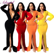casual  solid  Maxi Dress women elegant Deep V Neck Sheer High Slit Floor Length dresses 2021 sexy evening party club vestidos 2024 - buy cheap