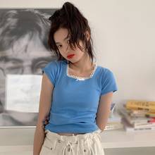 Women Square Collar T-Shirts Fashion Knitted Tee Shirts Slim Pullover Short Sleeve Crop Tops M 2024 - buy cheap