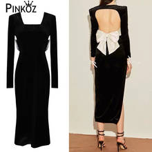 Pinkoz runway designer celeberity style black slim bodycon maxi dress party sexy night backless bow lace up square collar robe 2024 - buy cheap