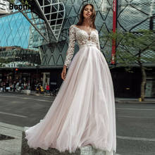 Женское кружевное свадебное платье Booma, элегантное платье с длинным рукавом, круглым вырезом, пуговицами сзади, пляжное платье принцессы со шлейфом 2024 - купить недорого
