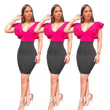New Women Dress Fashion Ruffles V Neck Patchwork Bodycon Party Dress 2024 - buy cheap