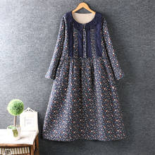 New Spring Women Dress Japan Style Literary Fresh Hook Flower O-Neck Cotton linen Loose Print  Long Sleeve Dress 2024 - buy cheap