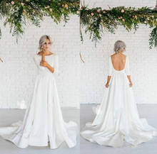 Cheap Simple Boho A Line Wedding Dresses Scoop Neck Backless 3/4 Long Sleeve Satin Beach Wedding Dress Bridal Gowns Vestios De 2024 - buy cheap