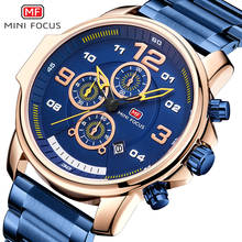 Minifocus relógio masculino de luxo, relógio de quartzo de aço azul luxuoso com cronógrafo, mostrador azul de aço para homens, 2019 2024 - compre barato