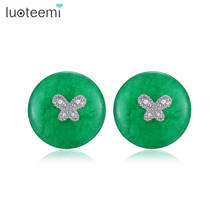 LUOTEEMI-pendientes redondos con piedras verdes para mujer, aretes de tuerca, diseño elegante, para fiesta, boda, regalo 2024 - compra barato