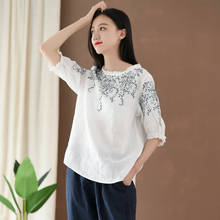 LZJN Women Embroidery Shirt Floral Blouse 2020 Summer New Cotton Linen Ruffles Short Sleeve O-neck Loose Women Shirts 2024 - buy cheap