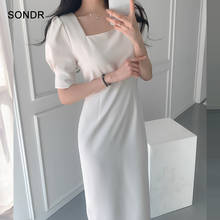 One-Piece Korean Dresses OL Dresses 2020 Summer Office Woman In Elegant Dress Square Neck Puff Sleeve Dress Mid-Length Dresses 2024 - buy cheap