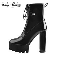 Onlymaker Round Toe Black Color Patent Leather  Chunky 13CM~14CM High Heels Platform Ankle Boots Big Size US5~US15 2024 - buy cheap