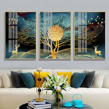 Настенная Картина на холсте с изображением золотого абстрактного оленя дерева Птицы скандинавские постеры и принты картины для гостиной домашний декор 2024 - купить недорого