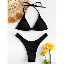 Conjunto de biquíni sexy preto, traje de banho de duas peças, push up, halter, top de biquíni de cintura alta, roupa de banho 2024 - compre barato