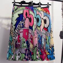 Cartoon Print Pleated Women Long Skirts High Waist A-Line Elastic Blue Pink Skirt For Ladies Summer Casual Female Bottoms Skirts 2024 - buy cheap