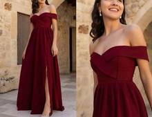 Long Satin Off Shoulder Burgundy Prom Dresses with Pockets Robe De Soiree Formal V-Neck Lace Up Back Party Dresses for Women 2024 - buy cheap