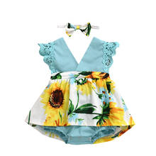 0-24M Newborn Baby Girls V-Neck Rompers Sunflowers Print Ruffles Lace Sleeve Jumpsuits Romper Dress+Headband 2024 - buy cheap