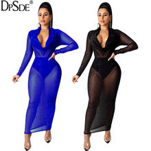 DPSDE Autumn Mesh Bodycon See Through Black Dress V Neck Full Sleeve Women Sexy Lace Dress 2020 Bandage Party Blue Long Dress 2024 - buy cheap