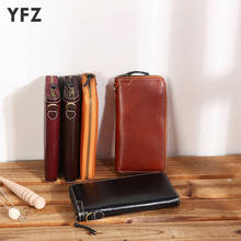 YFZ-cartera larga Vintage para hombre y mujer, monedero clásico de cuero genuino con cremallera, con múltiples bolsillos para teléfono, dinero en efectivo y tarjetas de crédito 2024 - compra barato