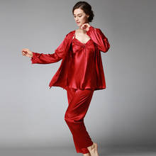 Pijama Sexy de seda para mujer, Conjunto de pijama de tres piezas con pantalones de manga larga y encaje, color rosa, Verano 2024 - compra barato