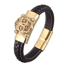 Fashion Brown Braided Leather Rope Bracelet Men Punk Jewelry Gold Stainless Steel Skull Magnetic Buckle Bangles Male Gift SP0900 2024 - buy cheap