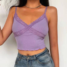 Camiseta sin mangas de verano para mujer, Tops elegantes de encaje sin mangas con cuello en V liso, Top corto acanalado con dobladillo fruncido, blusas recortadas 2024 - compra barato