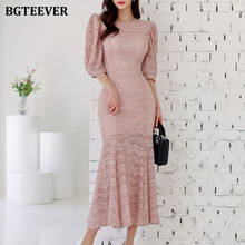 BGTEEVER Fashion Puff Sleeve Mermaid Lace Dress for Women 2021 Elegant O-neck Slim Women Package Hip Midi Vestidos 2024 - buy cheap