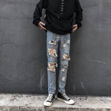 Idopy Men`s Ripped Biker Jeans Slim Fit Hi-Street PU Big Hole Hiphop Denim Joggers Pants With Knee Holes For Men 2024 - buy cheap