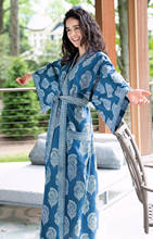 Teelynn azul floral impressão de algodão quimono robe feminino blusa vintage manga longa verão solto bikini cobrir boho praia vestidos 2024 - compre barato