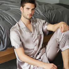 Pijamas masculinos de seda 100%, roupas de dormir de seda verdadeira natural e sensual para homens, pijamas de seda amoreira e manga curta para primavera, verão 2024 - compre barato
