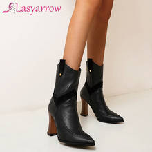 Lasyarrow Faux Leather Women Mid Calf Boots western cowboy Pointed toe Boots Woman Long Chunky High Heel Botas Mujer Big Size 2024 - buy cheap